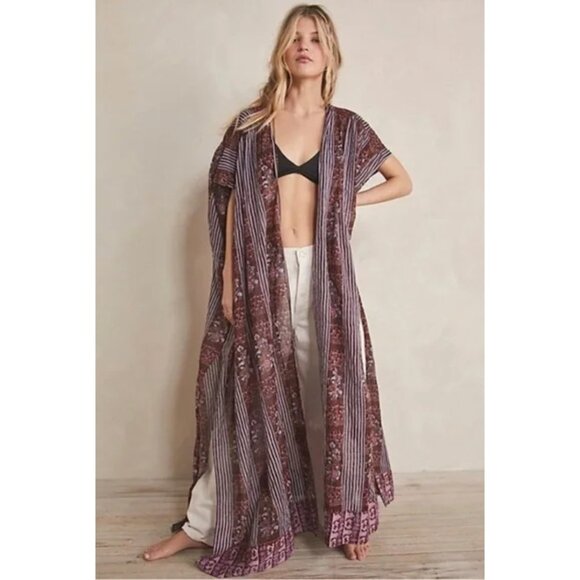 Free People Other - Free People Bali Maya Maxi Open Front Purple Floral Print Robe NWOT One Size